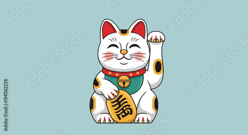 Lucky Cat Maneki Neko Waving Paw for Good Fortune, Japanese Culture Icon