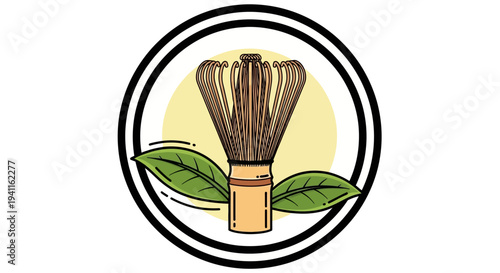 Matcha Whisk and Leaves Icon: Traditional Japanese Tea Ceremony Tool