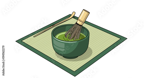 Matcha Green Tea Ceremony Preparation: Whisking Powder in Bowl with Bamboo Tools