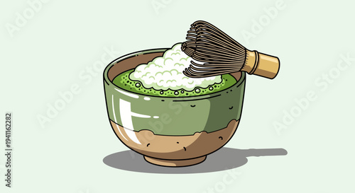 Pixel Art Matcha Tea Preparation with Whisk in Bowl