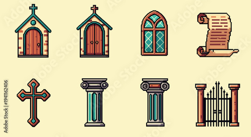 Pixel art religious icons: church doors, gothic window, scroll, columns, cross, gate