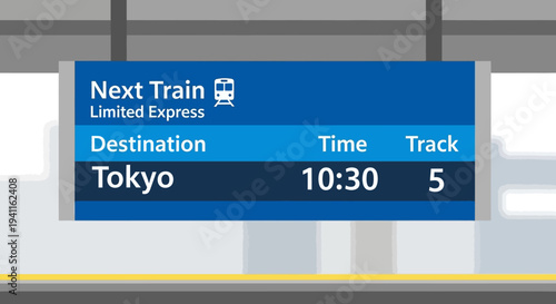 Train Station Information Board: Next Train to Tokyo, Departure Time 10:30, Track 5