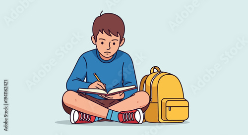 Young boy studying and writing in notebook with backpack, focus on education and learning