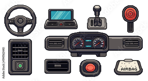 Retro pixel art car dashboard elements with steering and airbag display