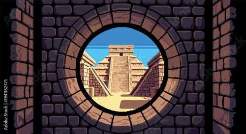 Pixel art view of ancient mayan pyramid through stone arch