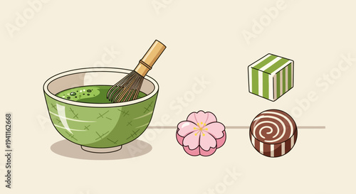 Pixel Art Matcha Green Tea Bowl with Sweets, Japanese Dessert, Whisk