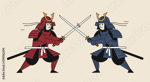 Samurai Warriors Duel, Red vs Blue Armor, Crossed Swords, Japanese Combat