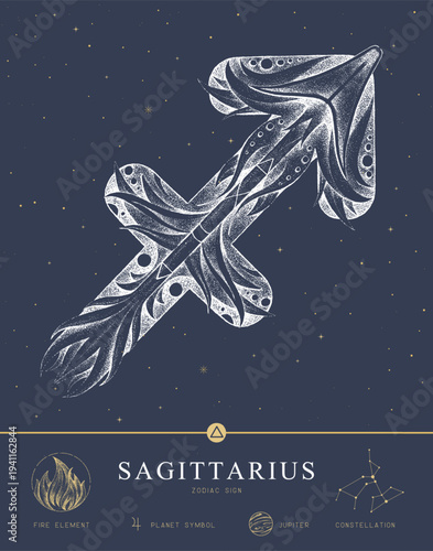 Modern magic witchcraft card with astrology Sagittarius zodiac sign characteristic. Hand drawing art product. Vector illustration