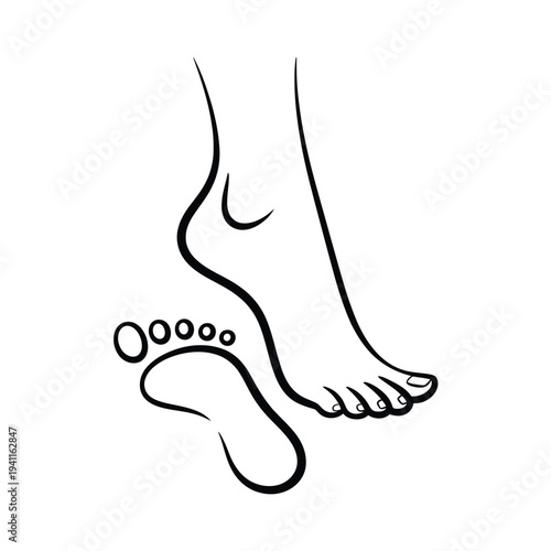 Minimalist black and white line of a foot with acupuncture points on the sole line black and white