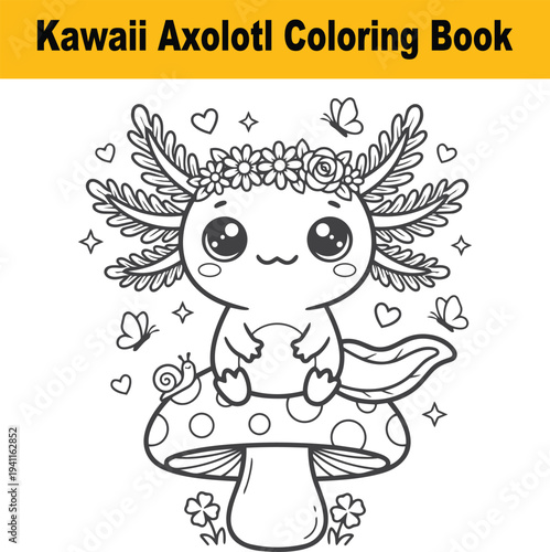 Kawaii Axolotl Coloring Book Page for Kids: Cute Cartoon Salamander Sitting on Mushroom with Flowers and Butterflies, Black and White Vector Line Art Illustration Isolated on White Background.