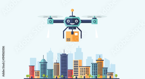 Modern delivery drone carrying cardboard box package flying over futuristic city skyline