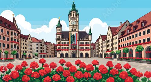 Pixel art european cityscape with historic tower and red flowers in bloom