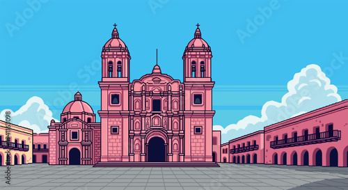 Pixel art cathedral with pink hue and blue sky in retro style