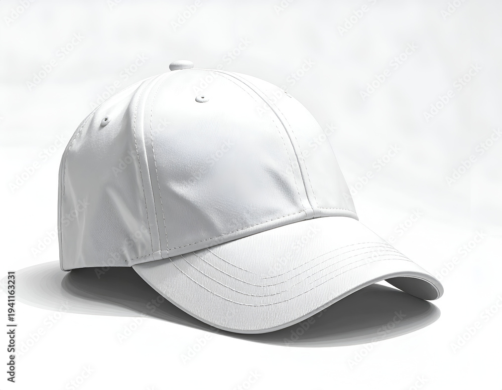 Fototapeta premium A plain white baseball cap with a curved brim on a white background