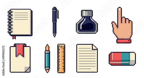 Retro pixel art office supplies collection featuring notebooks, pens, and rulers