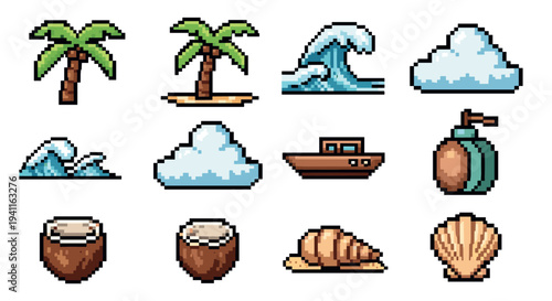 Tropical pixel art icons of palm trees, waves, and seashells for retro beach themes
