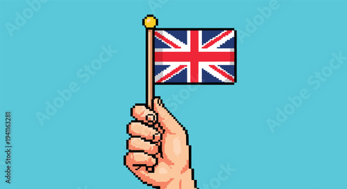 Pixel art hand holding united kingdom flag on blue background