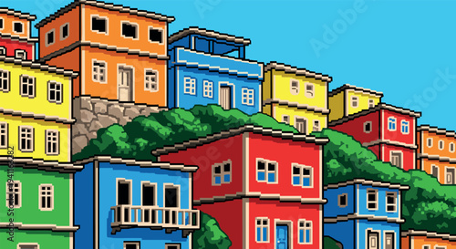 Colorful pixel art buildings on hillside against clear sky