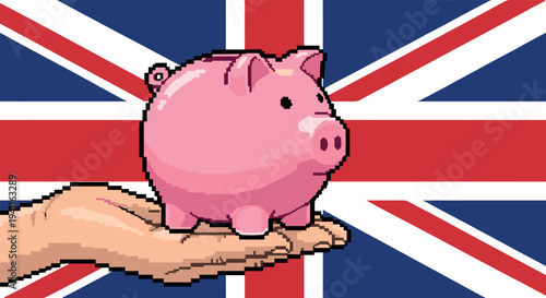 Pixel art piggy bank on hand with united kingdom flag background