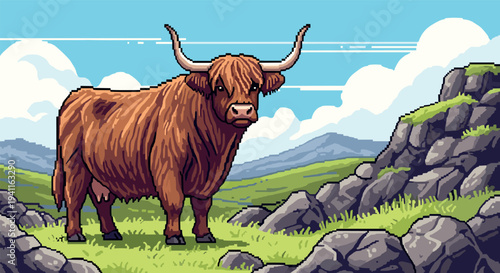 Pixel art highland cow in scenic mountain landscape with blue sky