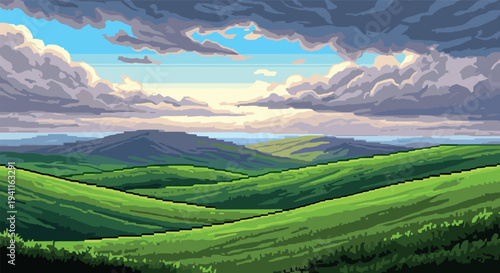 Vibrant pixel art landscape with rolling hills and dramatic clouds