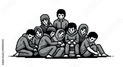 Monochrome pixel art depicting a group of people sitting together in contemplation