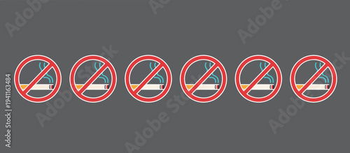 No smoking sign and red prohibition circle icon set. Anti-tobacco warning and public safety symbol. Flat design vector illustration