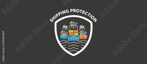 Shipping protection shield logo with cargo ships. Flat design maritime transport and logistics concept. Vector illustration isolated on dark background