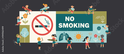 Children drawing a no smoking poster. Health awareness and anti-tobacco education concept. Flat design vector illustration