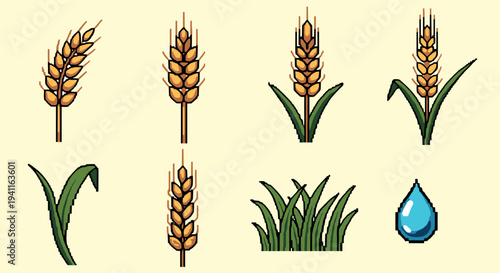 Pixel art wheat and grass set with raindrop elements for game design