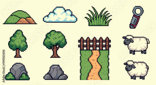 Pixel art nature and farming elements: trees, animals, tools and landscapes