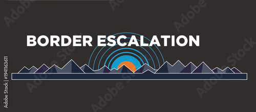 Border escalation concept with mountain ridge silhouette and impact ripples. Flat design vector illustration