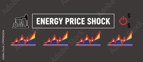 Energy price shock infographic elements. Oil pumpjack and rising financial charts. Flat design vector illustration