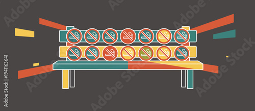 No smoking sign on a park bench illustration. Public health and smoke-free zone concept. Flat design vector graphic