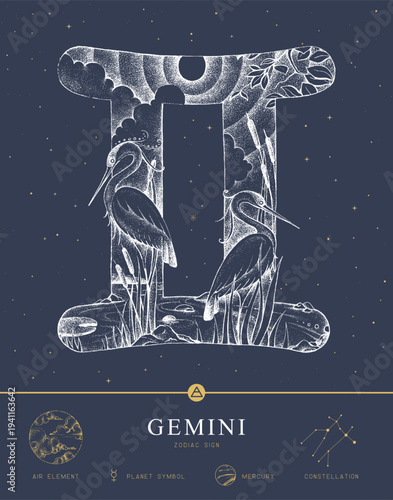 Modern magic witchcraft card with astrology Gemini zodiac sign characteristic. Hand drawing art product. Vector illustration