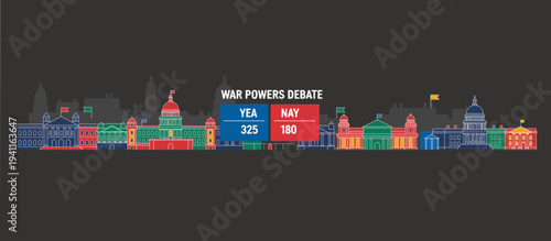 War powers debate voting board and government buildings. Parliament architecture line art. Vector illustration
