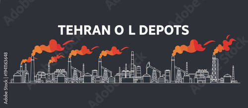 Tehran oil depots concept illustration. Industrial skyline silhouette with smoke plumes. Line art vector design