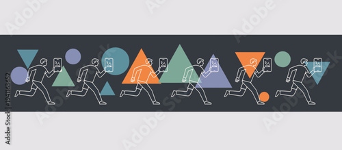 Person jogging with health tracking app. Fitness and healthy lifestyle concept. Line art vector illustration
