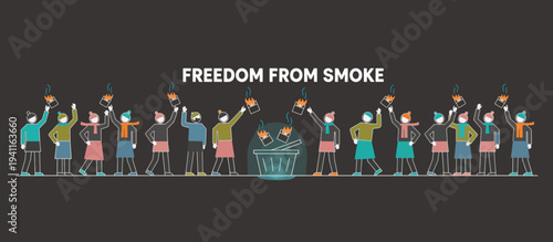 Freedom from smoke concept. People throwing away cigarette packs into fire. Anti-smoking campaign line art vector illustration