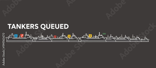 Tankers queued line art illustration. Cargo ships waiting in line with anchor and dollar icons. Maritime shipping and logistics vector concept