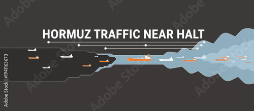 Hormuz traffic near halt concept. Cargo ships and oil tankers in narrow strait choke point. Flat design infographic vector illustration