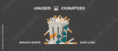 Unused cigarettes in a trash can. Anti-smoking campaign vector illustration. Reduce waste and save lives health concept
