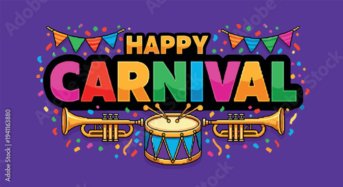 Vibrant carnival celebration with colorful flags and musical instruments