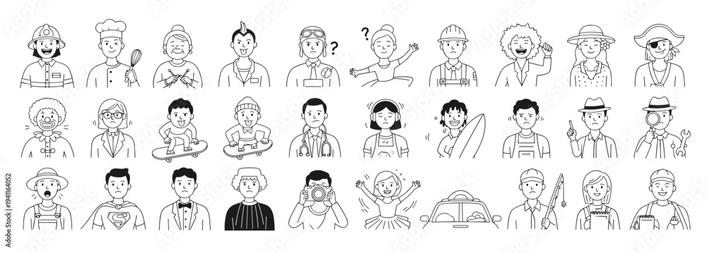 Fototapeta premium Ultimate Character Avatar Pack Diverse Professions Cool Vibes Line Art