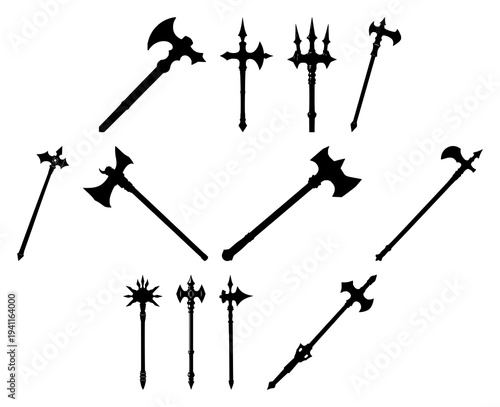 Mace set with solid black silhouette and high contrast featuring medieval weapon, spiked war club, ancient armament with historic combat and antique military equipment