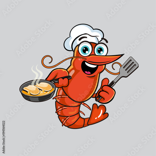 Shrimp Chef Mascot Cartoon Cooking with Spatula and Pan, Seafood Character
