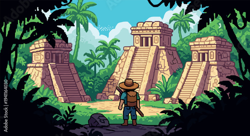 Adventurer exploring ancient jungle temples in pixel art style