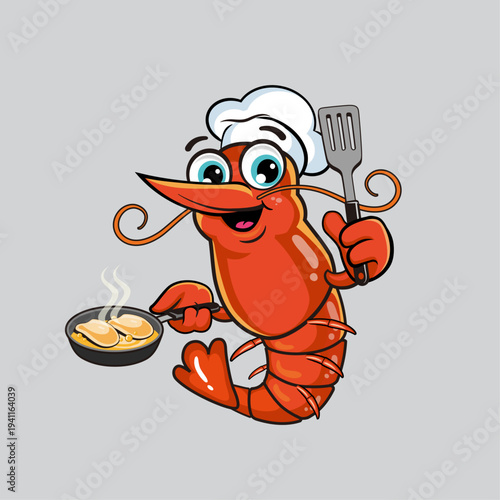 Cute Shrimp Chef Mascot Cooking with Pan, Funny Seafood Cartoon Character Vector