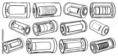 Lithium-ion cell set with hand-drawn scientific illustration of a cross-section featuring energy, tech, detail with white background and illustration