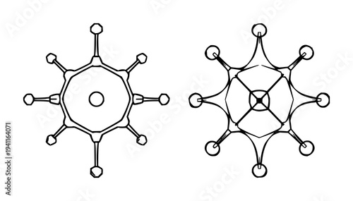 Molecular structure set with a 3D hexagonal shape and fine line art featuring plant-based science, modern polygonal style with geometry and chemistry